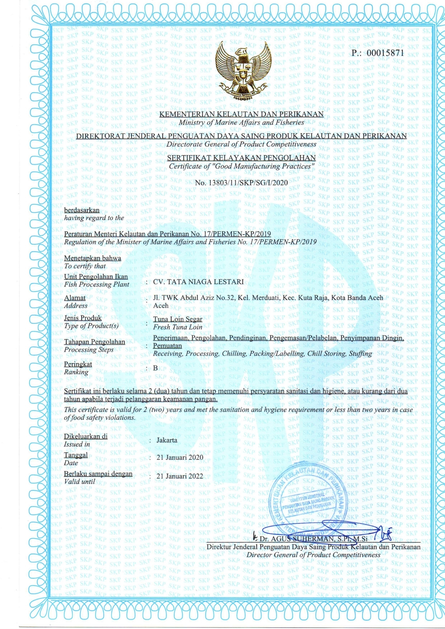 Certificate of Good Manufacturing Practices - Fresh Tuna Loin